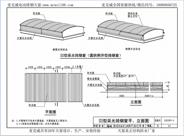 23CJ87-1采光、通風(fēng)、消防排煙天窗（一）中III型側(cè)開式圓拱型電動(dòng)采光排煙天窗